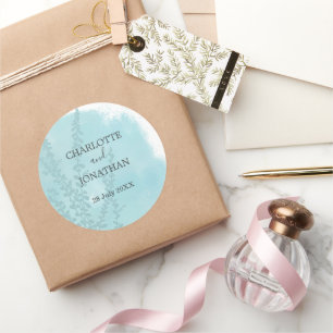 Pegatina Redonda Boda de lavado de acuarela azul acuático