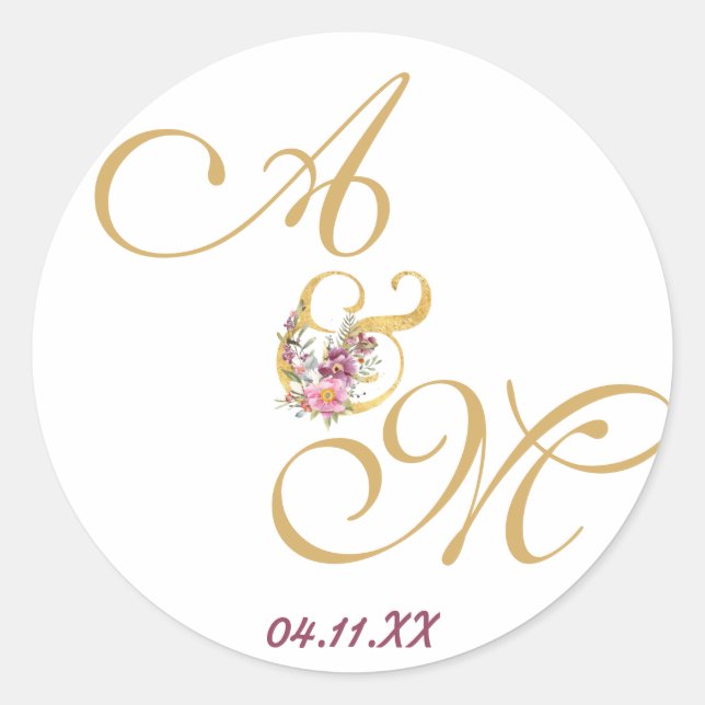 Pegatina Redonda Boda de letras Gold MONOGRAM PERSONALIZADO (Anverso)