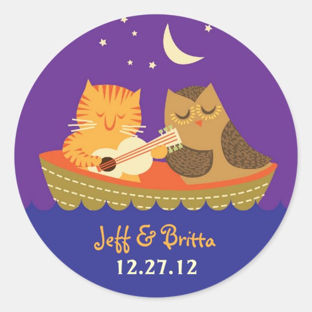 Pegatina Redonda Boda de libros de historias de búho y pussiatos (p (Anverso)