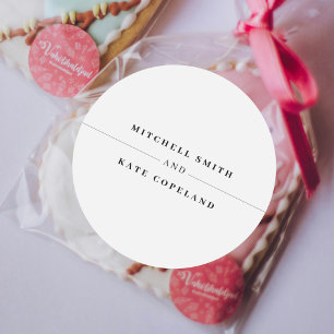 Pegatina Redonda Boda de línea de nombre Minimalista simple blanco 