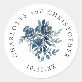 Pegatina Redonda Boda de lino floral azul indigo acuático