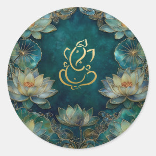 Pegatina Redonda Boda de Lotus Indian Ganesh Oro verde