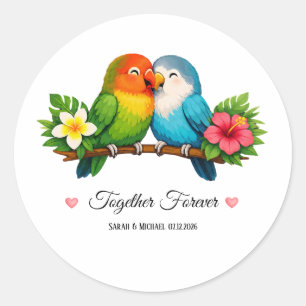 Pegatina Redonda Boda de Lovebirds Tropicales Juntos Para Siempre