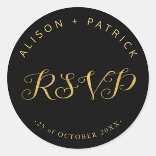 Pegatina Redonda Boda de lujo oro negro elegante rsvp