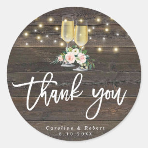 Pegatina Redonda boda de madera rústica burbujeante gracias pegatin