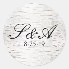 Pegatina Redonda Boda de Madera Rústica de Birch Tree Bark