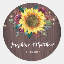 Pegatina Redonda Boda De Madera Rústica Floral De Girasol