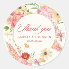 Pegatina Redonda Boda de mantequilla floral acuarela gracias