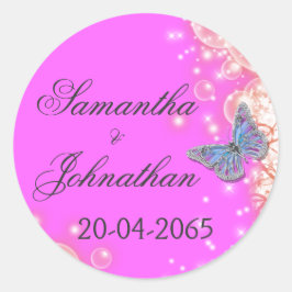 Pegatina Redonda Boda de mariposa azul púrpura rosa
