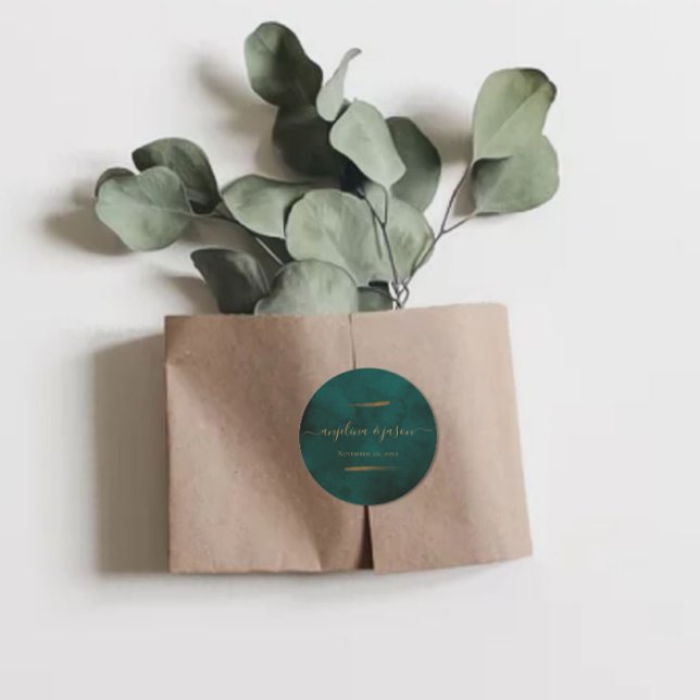 Pegatina Redonda Boda de Mármol Verde Esmeralda y Eucalipto de Oro (Subido por el creador)