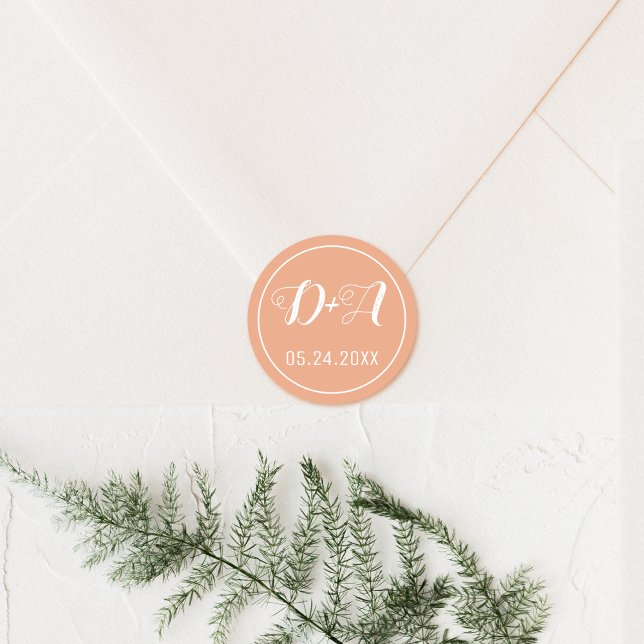 Pegatina Redonda Boda de melocotón inicial simple y elegante (Subido por el creador)