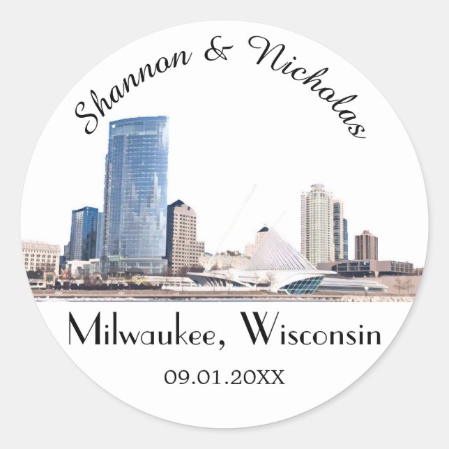 Pegatina Redonda Boda de Milwaukee Skyline personalizado (Anverso)