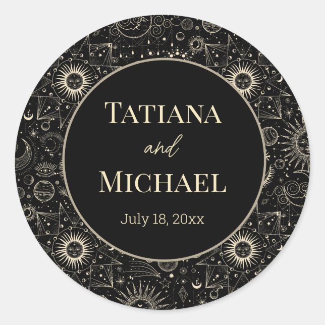 Pegatina Redonda boda de moda de oro negro celestial místico modern (Anverso)