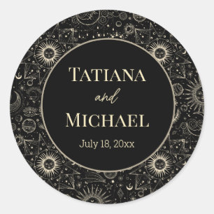 Pegatina Redonda boda de moda de oro negro celestial místico modern