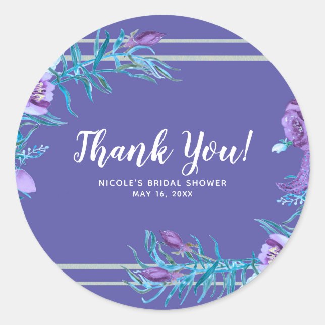 Pegatina Redonda Boda de Moda floral ultravioleta púrpura y Aqua (Anverso)