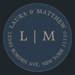 Pegatina Redonda Boda de Monograma Azul de la Marina<br><div class="desc">Moderno y minimalista Pegatina boda con su monograma y dirección inicial. Un diseño sencillo que todavía se presenta como moda y elegante. Estos sobres son una excelente manera de añadir un toque elegante a su suite de invitados a la boda.</div>