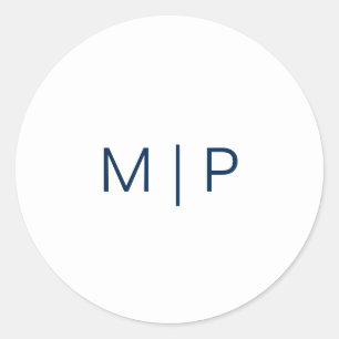 Pegatina Redonda Boda de Monograma Azul Marino Simple Moderna