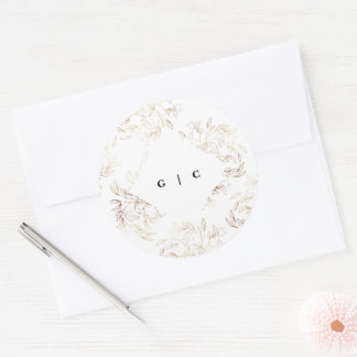 Pegatina Redonda Boda de Monograma Botánico Dibujado con Elegancia 