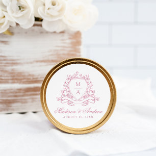 Pegatina Redonda Boda de Monograma con Escudo Floral Rosa Elegante