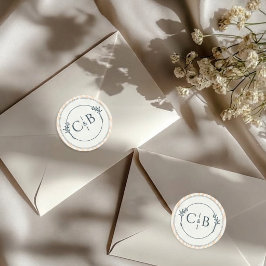 Pegatina Redonda Boda de Monograma con Rayas de Melocotón y Crema