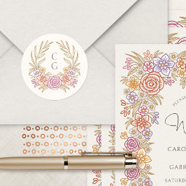 Pegatina Redonda Boda de Monograma de Caída de Llanto Floral