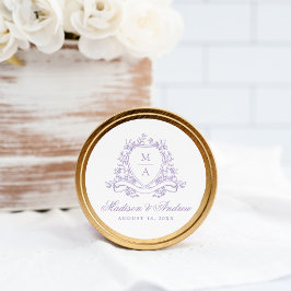 Pegatina Redonda Boda de Monograma de Cresta Floral de Lavanda Eleg