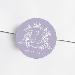 Pegatina Redonda Boda de monograma de cresta floral elegante lavand