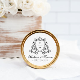 Pegatina Redonda Boda de Monograma de Cresta Floral Negra Elegante