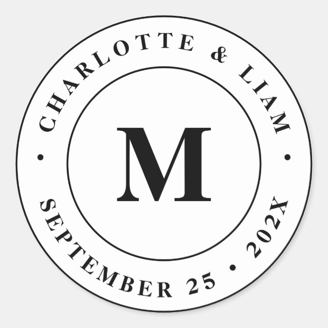 Pegatina Redonda Boda de monograma de fecha de nombre personalizado (Anverso)