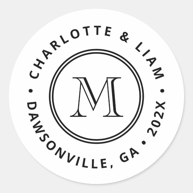 Pegatina Redonda Boda de monograma de fecha de nombre personalizado (Anverso)