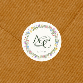 Pegatina Redonda Boda de monograma de flor silvestre rusa moderna