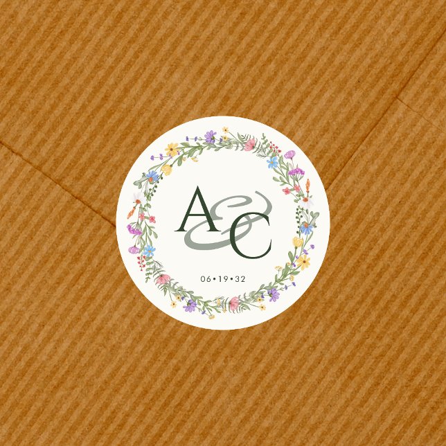 Pegatina Redonda Boda de monograma de flor silvestre rusa moderna (Subido por el creador)