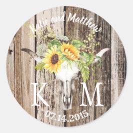 Pegatina Redonda Boda de monograma de girasol de Boho Rústico Longh