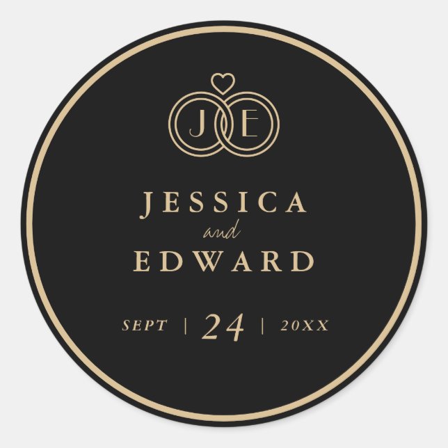 Pegatina Redonda Boda de Monograma de los Anillos con Canto de Oro  (Anverso)