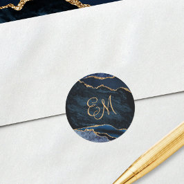 Pegatina Redonda Boda de Monograma de Mármol de la Marina Blue Gold