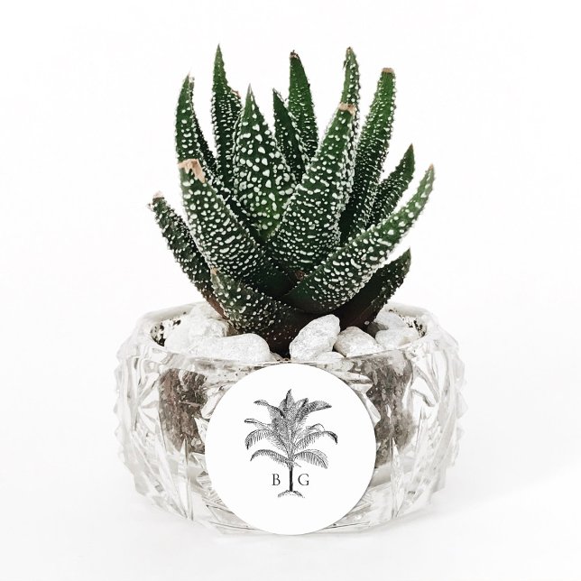 Pegatina Redonda Boda de monograma de palmeras tropicales minimalis (Minimalist Tropical Palm Tree Monogram Wedding Classic Round Sticker)