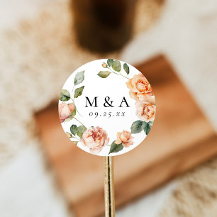 Pegatina Redonda Boda de Monograma de Rosa de Melocotón Elegante