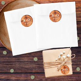 Pegatina Redonda Boda de monograma de trozo rústico de madera