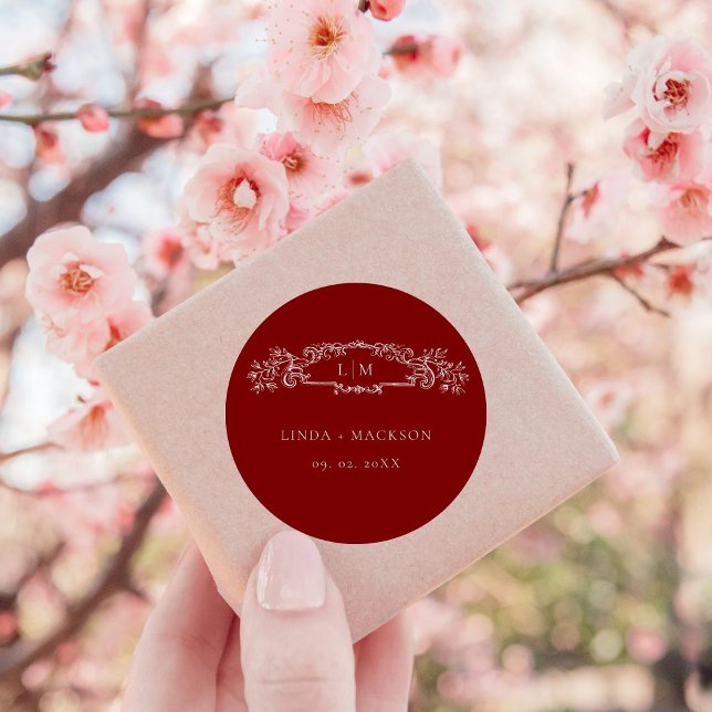 Pegatina Redonda Boda de monograma del escudo botánico de Borgoña (Subido por el creador)