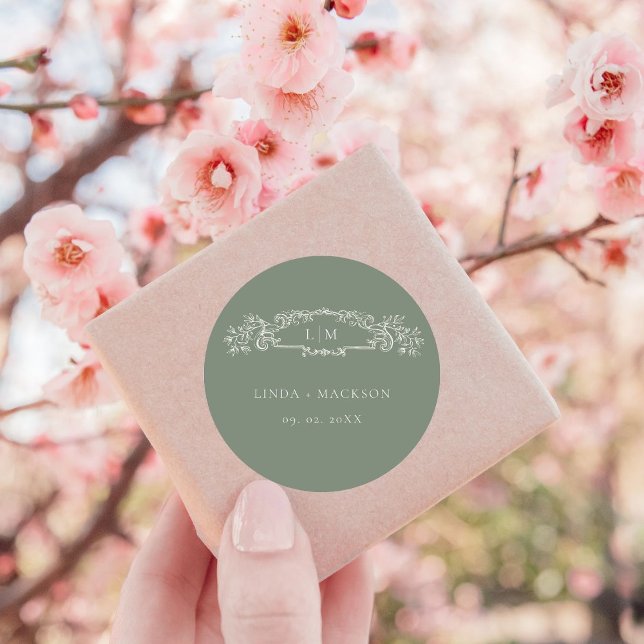 Pegatina Redonda Boda de monograma del escudo botánico verde sabio (Subido por el creador)