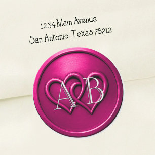 Pegatina Redonda Boda de monograma entrelazado de dos corazones fuc