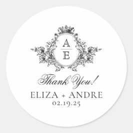 Pegatina Redonda Boda de Monograma Escudo elegante, negro y blanco