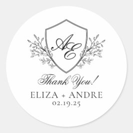 Pegatina Redonda Boda de Monograma Escudo elegante, negro y blanco