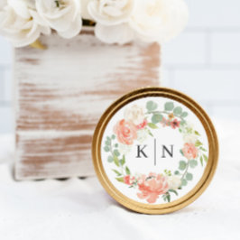 Pegatina Redonda Boda de Monograma Floral de color de agua suave pa