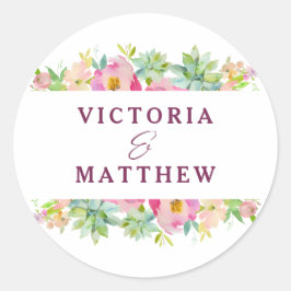 Pegatina Redonda Boda de Monograma Floral de Moda en crecimiento
