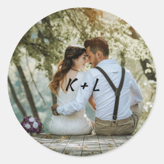 Pegatina Redonda Boda de monograma fotográfico personalizado