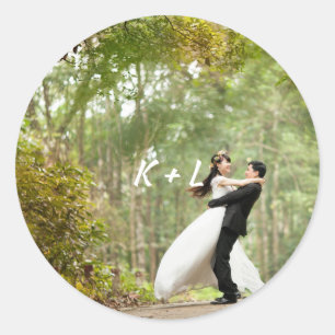 Pegatina Redonda Boda de monograma fotográfico personalizado