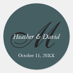 Pegatina Redonda Boda de monograma índigo en color estilizado