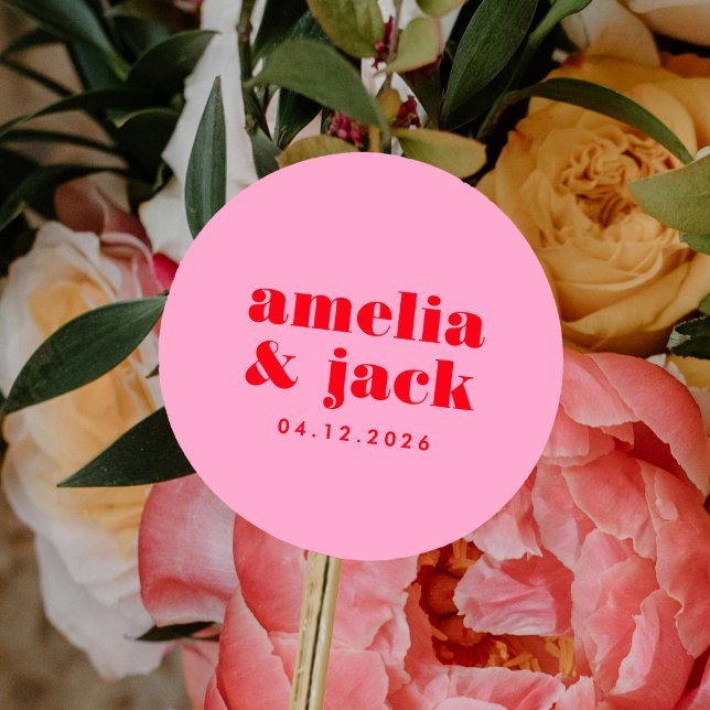 Pegatina Redonda Boda de monograma moderno rosa y rojo brillante ne (Bright Bold Pink and Red Modern Monogram Wedding Classic Round Sticker)