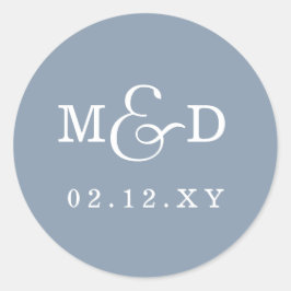 Pegatina Redonda Boda de monograma moderno y azul turbio